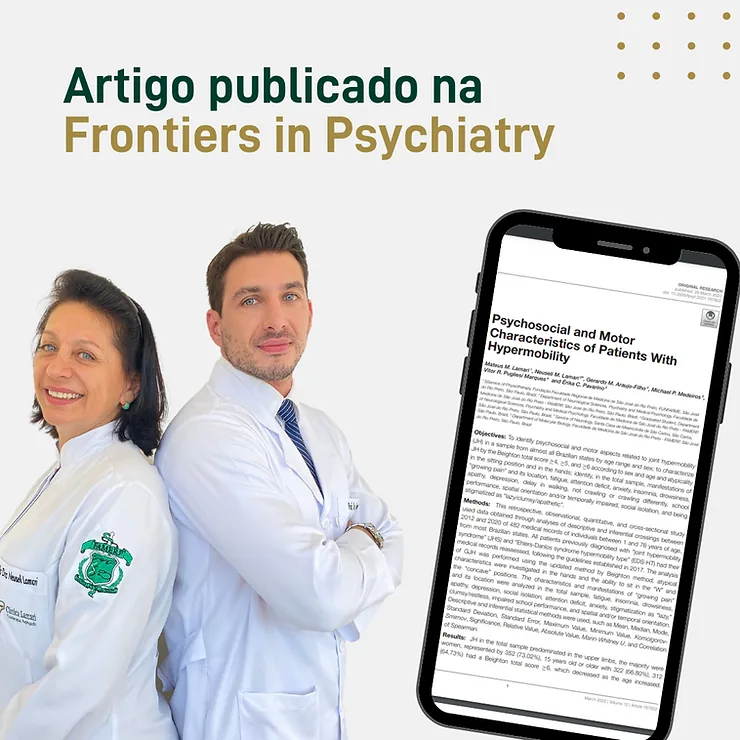 Dra. Neuseli e Dr. Mateus Lamari de jaleco ao lado de um celular que mostra o artigo publicado na revista Frontiers in Psychiatry