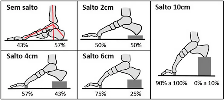 Distribuição do peso no pé conforme a altura do salto, de sem salto a salto de 10 cm